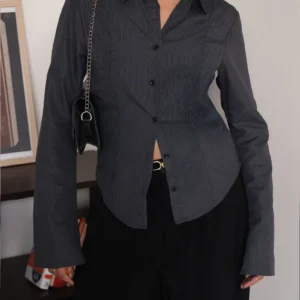 Charcoal Grey Pinstripe Flared Sleeve Fitted Shirt